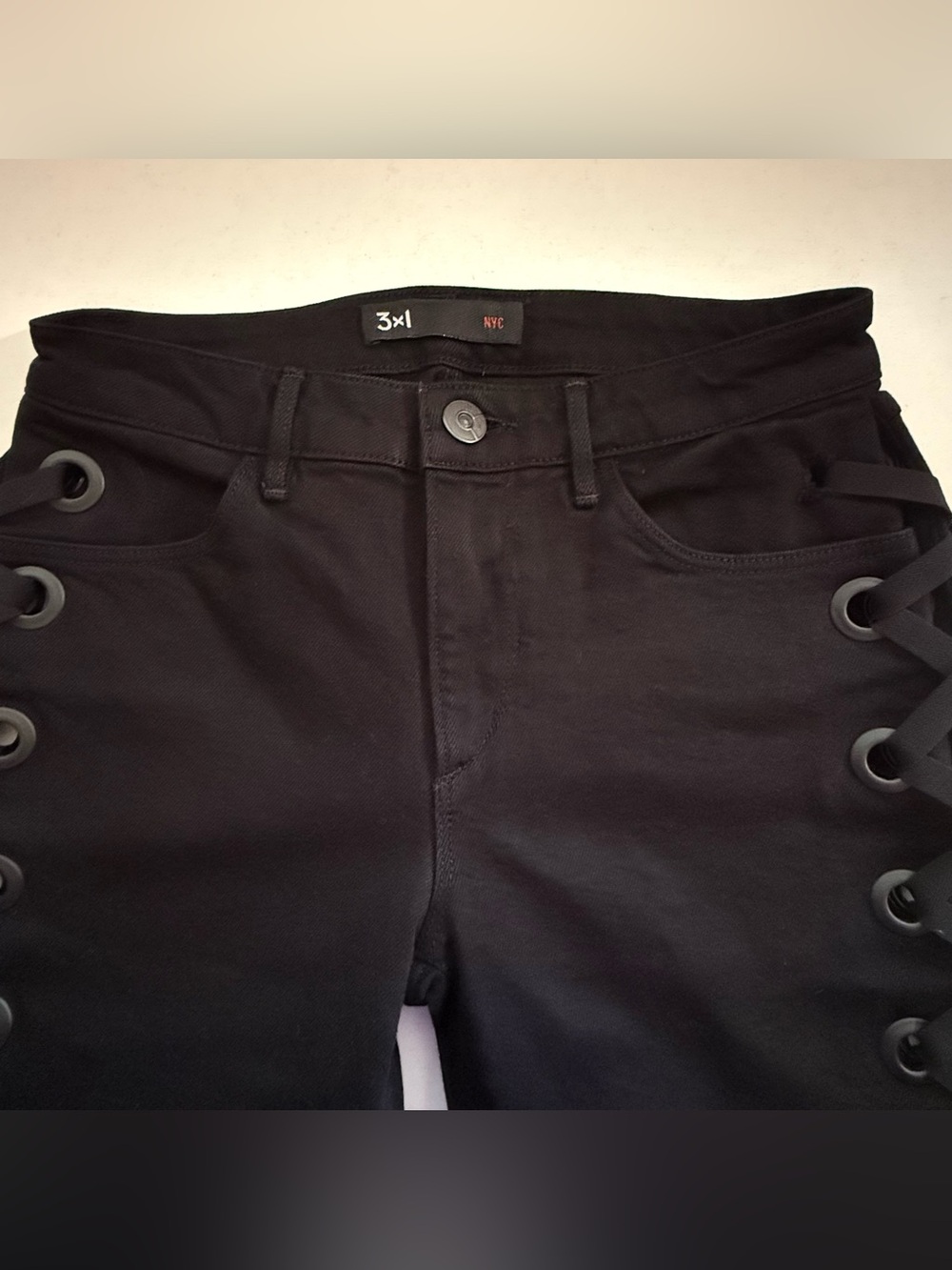 3x1 Black Lace-Up Leg Skinny Jeans 25 - Picture 5 of 9